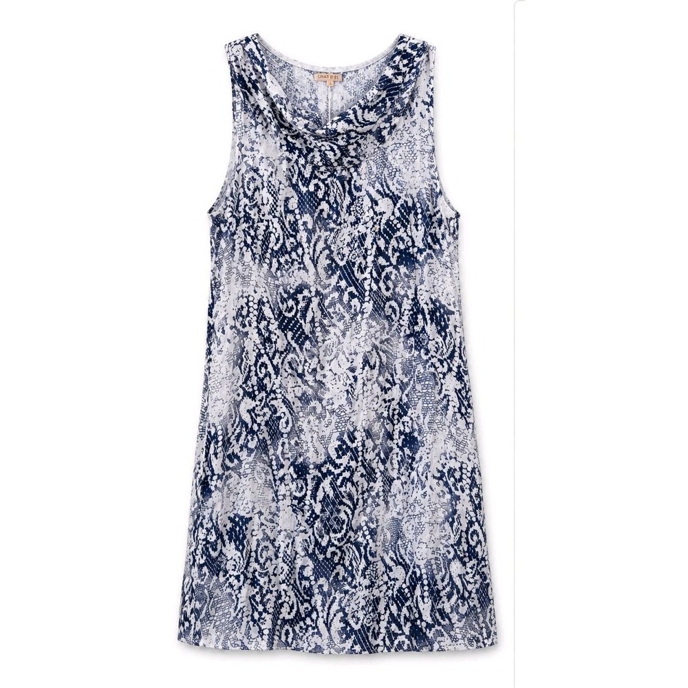 Lina Tomei 100% Linen Dress Women's Large Blue White Abstract Print...